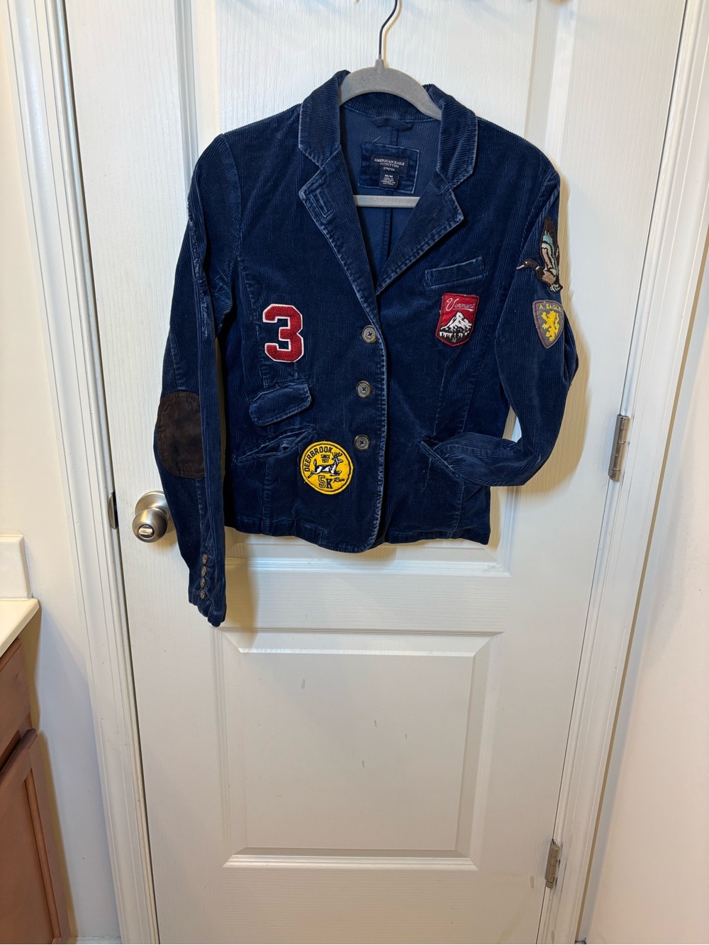 Vintage Y2K American Eagle Women's M Navy Corduroy Patchwork Blazer Jacket